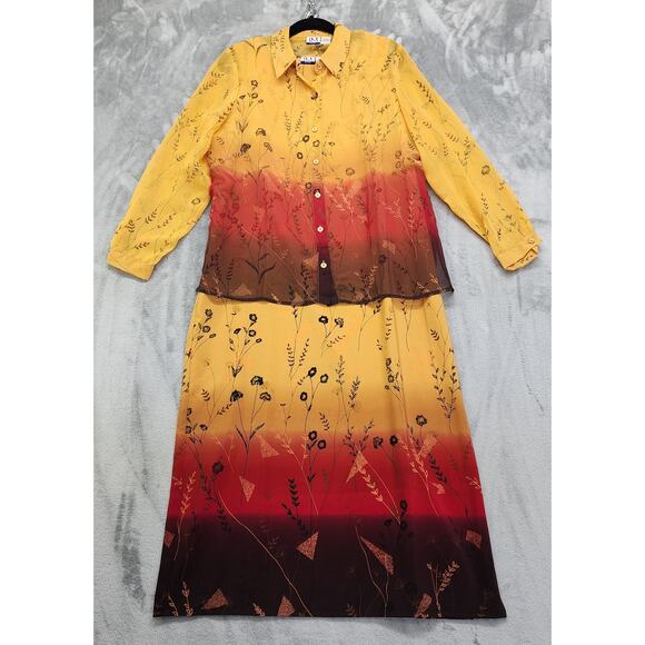 Vintage 90s JM Collection Maxi Dress Sheer Cover Top Size L Sunset Ombre Floral - Picture 1 of 16
